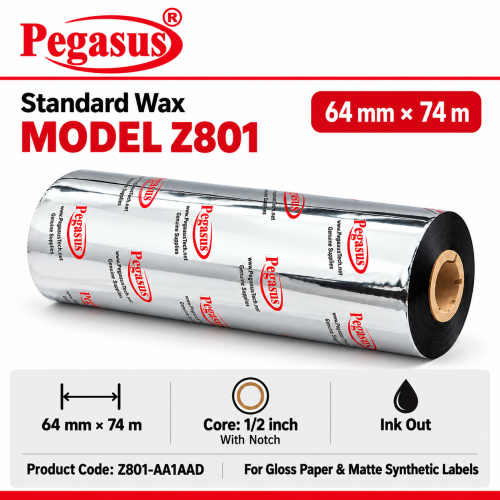 Standard Wax-Z801,64mmx74mtr,0.5 inch core With Notch,Ink Out